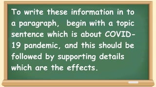 To write these information in to
a paragraph, begin with a topic
sentence which is about COVID-
19 pandemic, and this should be
followed by supporting details
which are the effects.
 