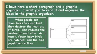 I have here a short paragraph and a graphic
organizer. I want you to read it and organize the
ideas in the graphic organizer.
When people cut
down trees to clear land,
they destroy the habitats
of birds. This reduces the
number of nest sites. As a
result, fewer baby birds
are hatched, and the bird
population declines.
 