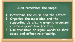 Just remember the steps:
1. Determine the cause and the effect.
2. Organize the main idea and the
supporting details. A graphic organizer
can be a great tool for this.
3. Use transition or signal words to show
cause and effect relationship.
 