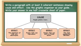 Write a paragraph with at least 3 coherent sentences showing
cause and effect. Use the graphic organizer as your guide.
Write your answer in one half crosswise sheet of paper.
 