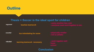 Outline
Thesis = Soccer is the ideal sport for children
teaches teamwork
--every position has a job
--everyone must work together to win
--physically smaller
--not as athletic
--work together well
home
school
too intimidating for some
learning teamwork necessary
argument
counter
rebuttal
Conclusion
 