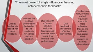 “The most powerful single influence enhancing
achievement is feedback”
Quality
feedback is
needed, not
more
feedback.
Much of the
feedback
provided by
the teacher
to the
student is
not valued
and not
acted on.
Students with
a Growth
Mindset
welcome
feedback and
are more likely
to use it to
improve their
performance.
Oral
feedback is
much more
effective
than written.
Feedback on
task, process
and self
regulation
level is far
more
effective
than on the
Self-level
(e.g. praise
which
contains no
learning
information)
 