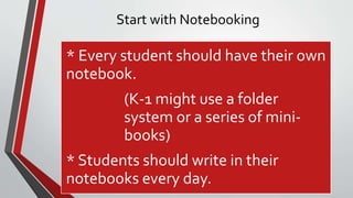 * Every student should have their own
notebook.
(K-1 might use a folder
system or a series of mini-
books)
* Students should write in their
notebooks every day.
Start with Notebooking
 