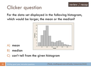 Clicker question
Writing good peer instruction questions28
For the data set displayed in the following histogram,
which wo...