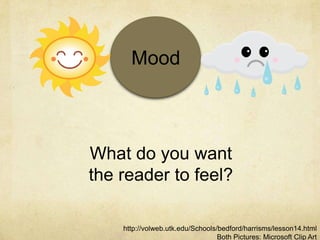 What do you want the reader to feel?Moodhttp://volweb.utk.edu/Schools/bedford/harrisms/lesson14.htmlBoth Pictures: Microsoft Clip Art