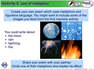 © Boardworks Ltd 2009
15 of 15
Activity 2: use of metaphor
Create your own poem which uses metaphors and
figurative language. You might want to include some of the
images you liked from the fruit machine activity.
You could write about:
the moon
rain
lightning
fire.
Share your poem with your partner.
Circle one of their metaphors and explain its effect.
 