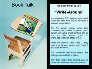 Book Talk          Strategy I Plan to use:


               “Write-Around”
            In a groups of 3-5, students write short
            notes and pass them around to create a
            string of conversation.

            The first person quickly writes their
            comments on a sheet of paper (each
            person can start a sheet, or there can be
            one    for   the    whole      group   to
            share, depending on grade level).

            When the teacher says “Pass”, they
            pass it to the next person who reads it
            and adds their own.

            This continues until each person has
            written on each piece of paper.

            They then receive their original piece of
            paper and read what their peers wrote.
 