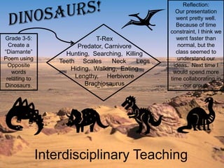 Reflection:
                                                        Our presentation
                                                        went pretty well.
                                                        Because of time
                                                     constraint, I think we
Grade 3-5:                      T-Rex                   went faster than
  Create a               Predator, Carnivore             normal, but the
“Diamante”           Hunting, Searching, Killing        class seemed to
Poem using                                               understand our
                   Teeth Scales      Neck     Legs
  Opposite                                             ideas. Next time I
                       Hiding, Walking, Eating
   words                                              would spend more
 relating to            Lengthy, Herbivore           time collaborating in
Dinosaurs.                  Brachiosaurus                  our group.




               Interdisciplinary Teaching
 