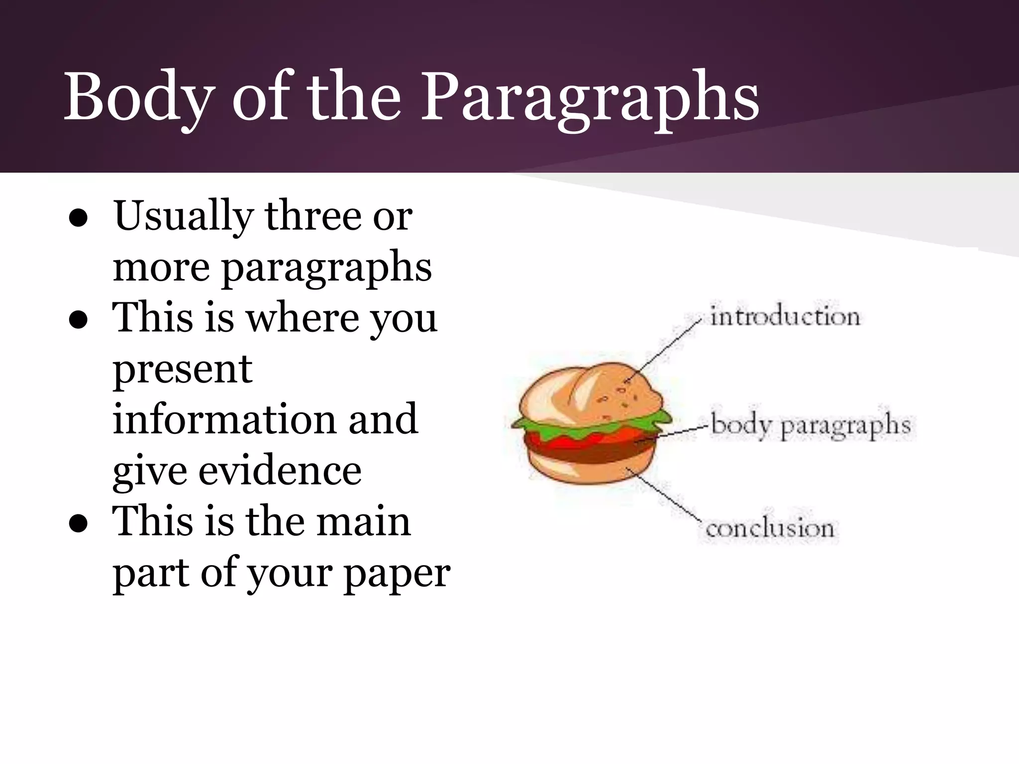 Body of the Paragraphs
● Usually three or
more paragraphs
● This is where you
present
information and
give evidence
● This is the main
part of your paper
 
