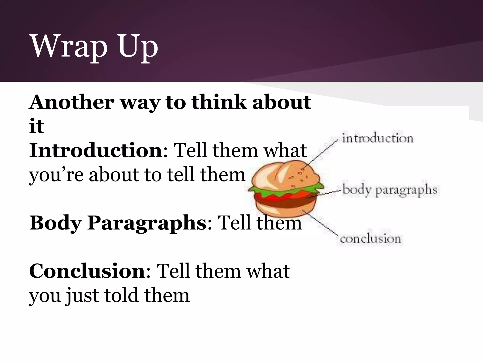 Wrap Up
Another way to think about
it
Introduction: Tell them what
you’re about to tell them
Body Paragraphs: Tell them
Conclusion: Tell them what
you just told them
 