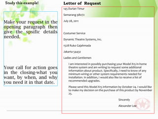 Study this example!         Letter of Request
                            145 Durian Timur

                            Semarang 98072

Make your request in the    July 28, 2011

opening paragraph then
give the spsific details    Costumer Service
needed.                     Dynamic Theatre Systems, Inc.

                            1528 Ruko Gajahmada

                            Jakarta 54432

                            Ladies and Gentlemen

                                I am interested in possibly purchasing your Model X15 in-home
Your call for action goes       theatre system and am writing to request some additional
                                information about product. Specifically, I need to know of any
in the closing-what you         minimum wiring or other system requirements needed for
want, by when, and why          installation. In addition, I would also like to receive a list of
                                recommended upgrades.
you need it in that date.
                                Please send this Model X15 information by October 24. I would like
                                to make my decision on the purchase of this product by November
                                25.

                                                                         Sincerely

                                                                         Alexander Lee
 