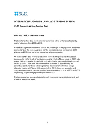 INTERNATIONAL ENGLISH LANGUAGE TESTING SYSTEM

IELTS Academic Writing Practice Test




WRITING TASK 1 – Model Answer

The bar charts show data about computer ownership, with a further classification by
level of education, from 2002 to 2010.

A steady but significant rise can be seen in the percentage of the population that owned
a computer over the period. Just over half the population owned computers in 2002,
whereas by 2010 three out of four people had a home computer.

An analysis of the data by level of education shows that higher levels of education
correspond to higher levels of computer ownership in both of those years. In 2002, only
around 15% of those who did not finish high school had a computer but this figure had
trebled by 2010. There were also considerable increases, of approximately 30
percentage points, for those with a high school diploma or an unfinished college
education (reaching 65% and 85% respectively in 2010). However, graduates and
postgraduates proved to have the greatest level of ownership in 2010, at 90% and 95%
respectively, 20 percentage points higher than in 2002.

The last decade has seen a substantial growth in computer ownership in general, and
across all educational levels.




                                           1
 