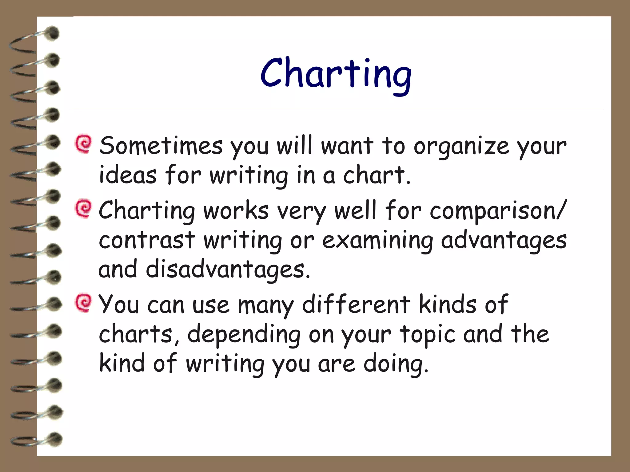 Charting Sometimes you will want to organize your ideas for writing in a chart. Charting works very well for comparison/ contrast writing or examining advantages and disadvantages. You can use many different kinds of charts, depending on your topic and the kind of writing you are doing. 