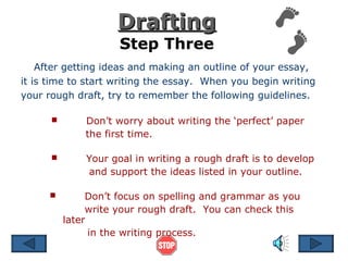 After getting ideas and making an outline of your essay, it is time to start writing the essay.  When you begin writing your rough draft, try to remember the following guidelines.  Drafting Step Three Don’t worry about writing the ‘perfect’ paper the first time.  Your goal in writing a rough draft is to develop  and support the ideas listed in your outline.   Don’t focus on spelling and grammar as you write your rough draft.  You can check this later  in the writing process. 