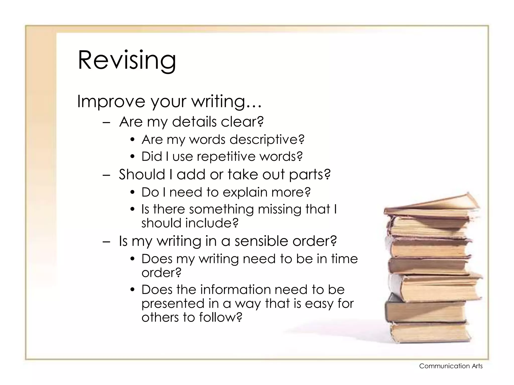 RevisingImprove your writing…Are my details clear?Are my words descriptive?Did I use repetitive words?Should I add or take out parts?Do I need to explain more?Is there something missing that I should include?Is my writing in a sensible order?Does my writing need to be in time order?Does the information need to be presented in a way that is easy for others to follow?