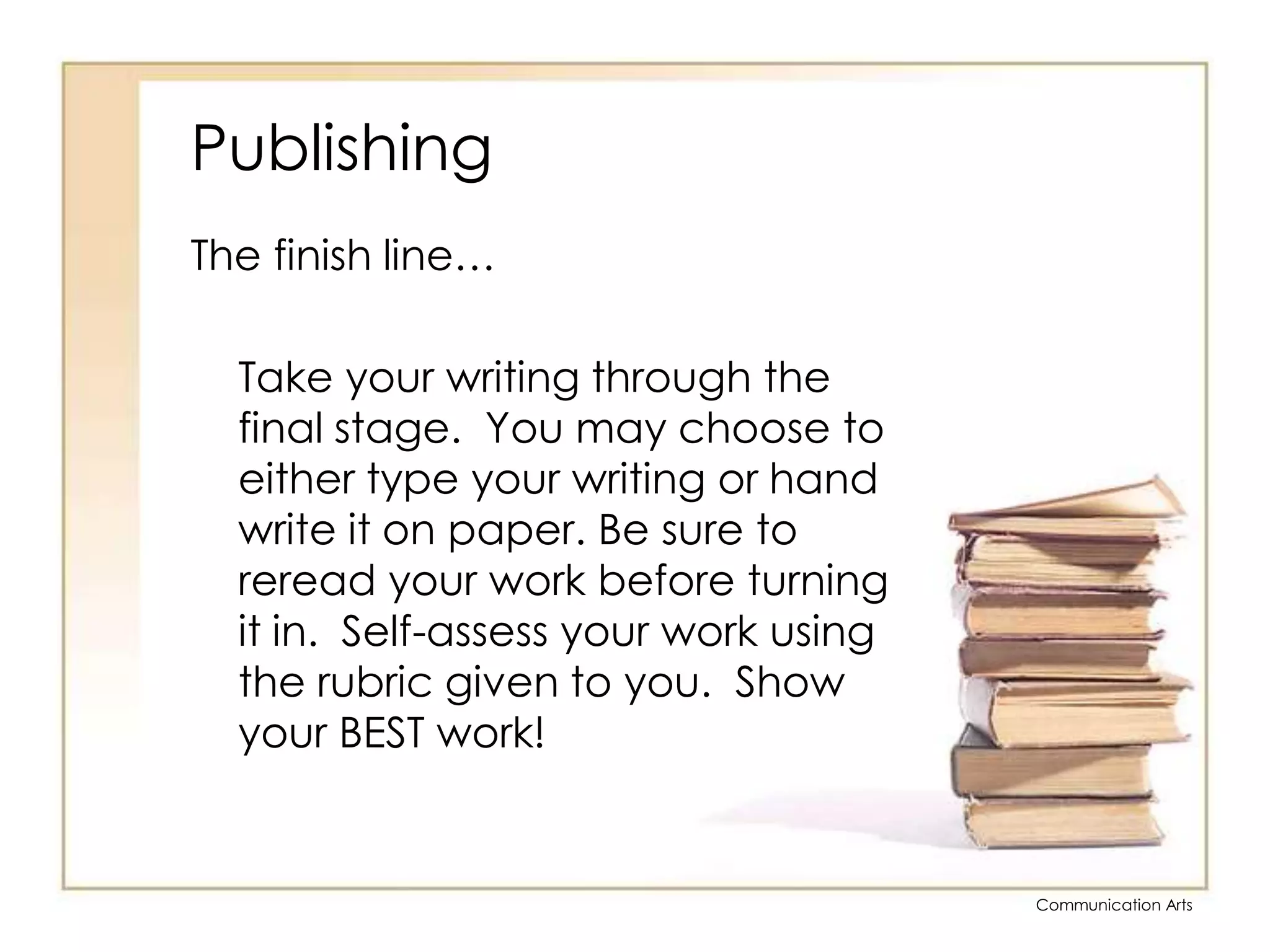 PublishingThe finish line…	Take your writing through the final stage.  You may choose to either type your writing or hand write it on paper. Be sure to reread your work before turning it in.  Self-assess your work using the rubric given to you.  Show your BEST work!