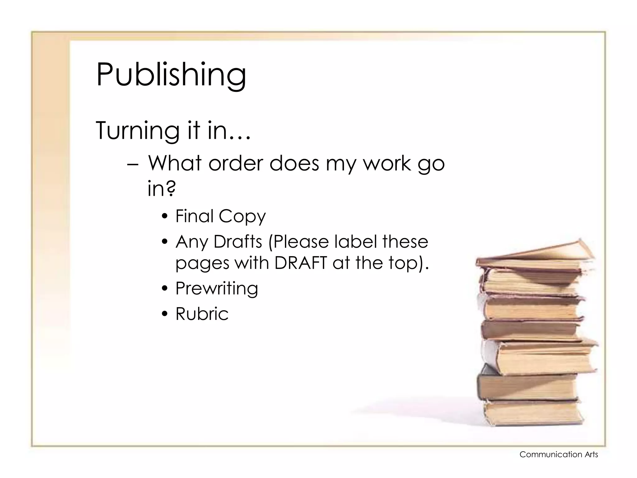 PublishingTurning it in…What order does my work go in?Final CopyAny Drafts (Please label these pages with DRAFT at the top).PrewritingRubric