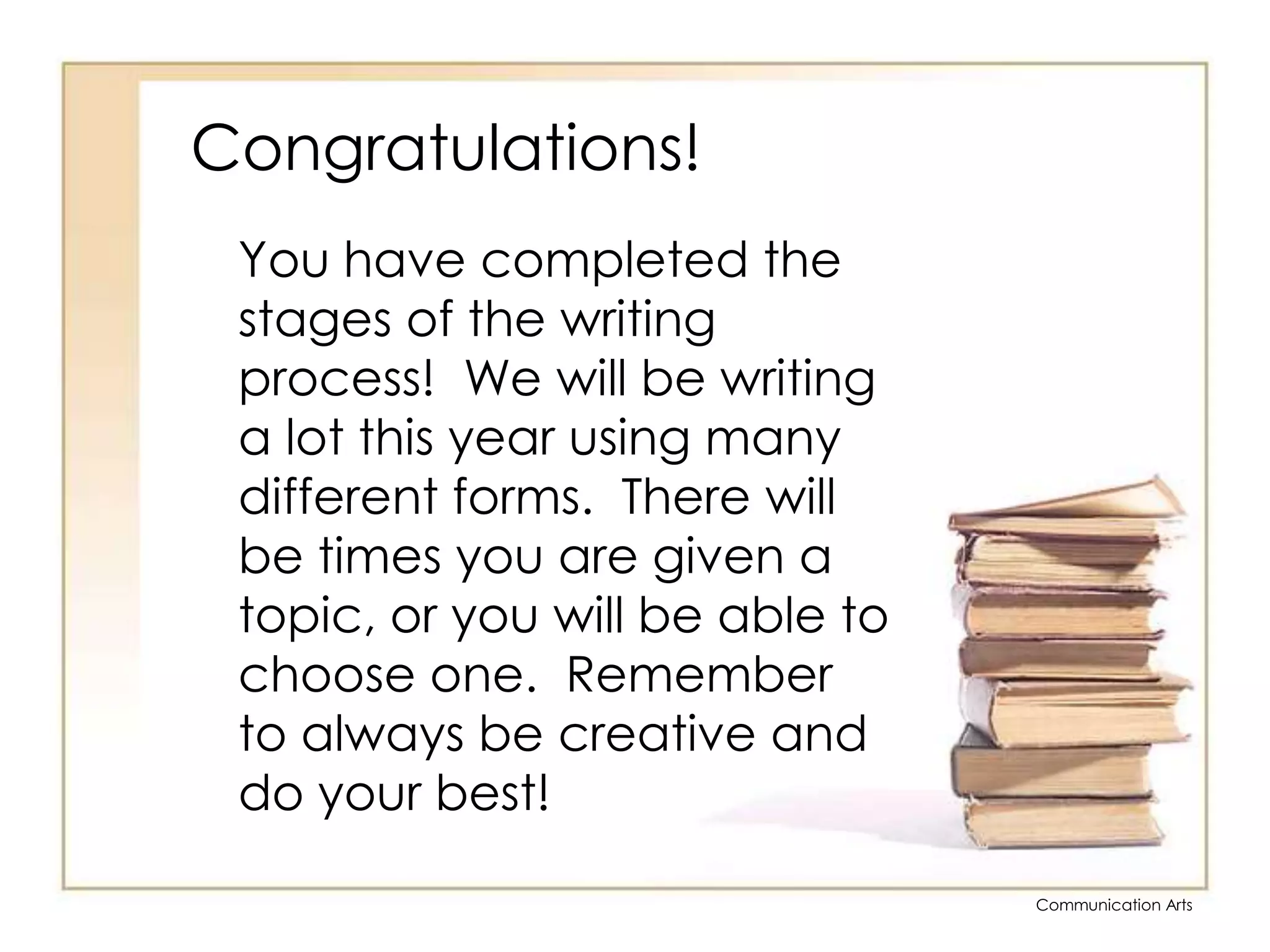 Congratulations!	You have completed the stages of the writing process!  We will be writing a lot this year using many different forms.  There will be times you are given a topic, or you will be able to choose one.  Remember to always be creative and do your best!