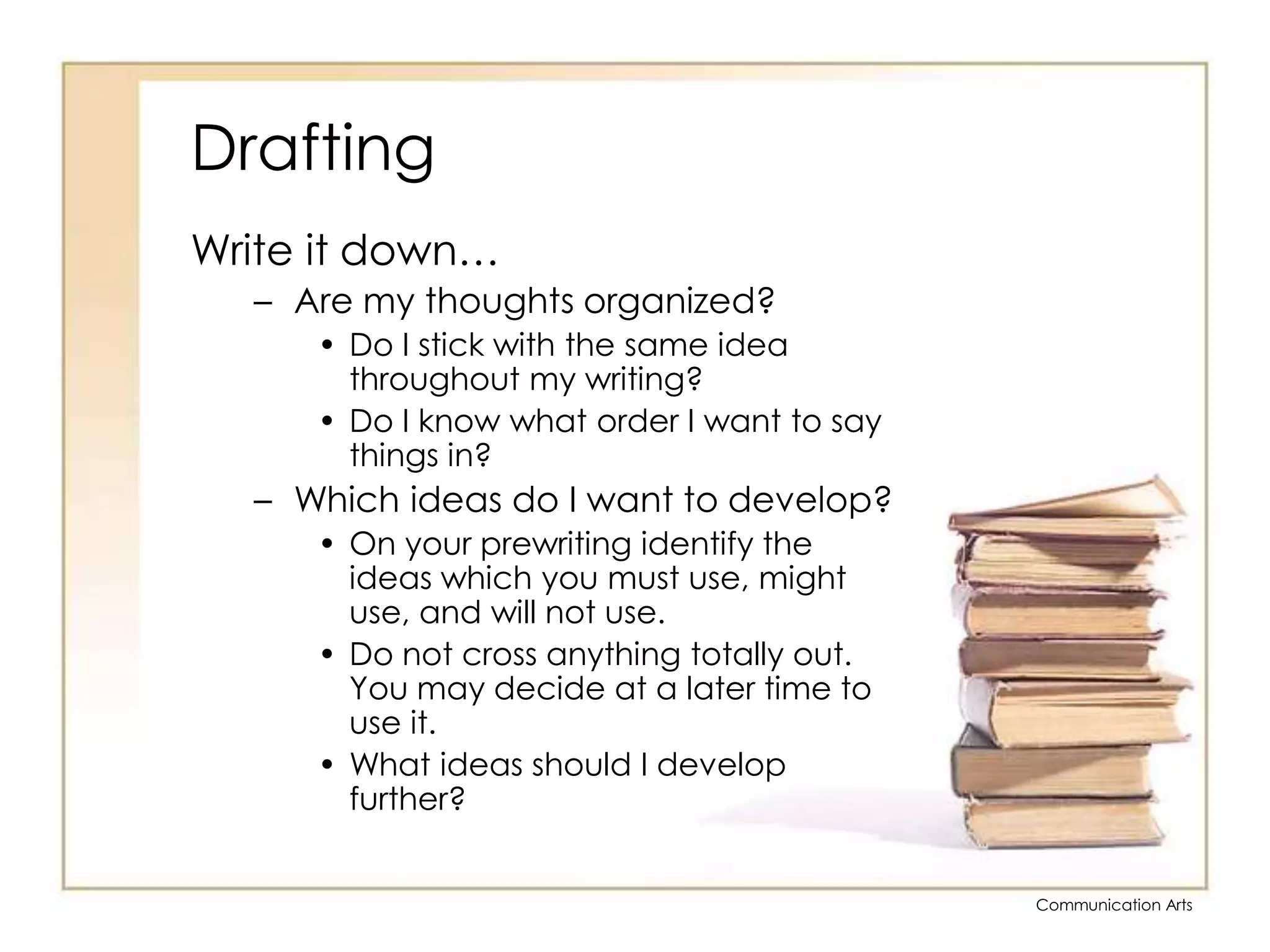 DraftingWrite it down…Are my thoughts organized?Do I stick with the same idea throughout my writing?Do I know what order I want to say things in?Which ideas do I want to develop?On your prewriting identify the ideas which you must use, might use, and will not use.  Do not cross anything totally out.  You may decide at a later time to use it.What ideas should I develop further?
