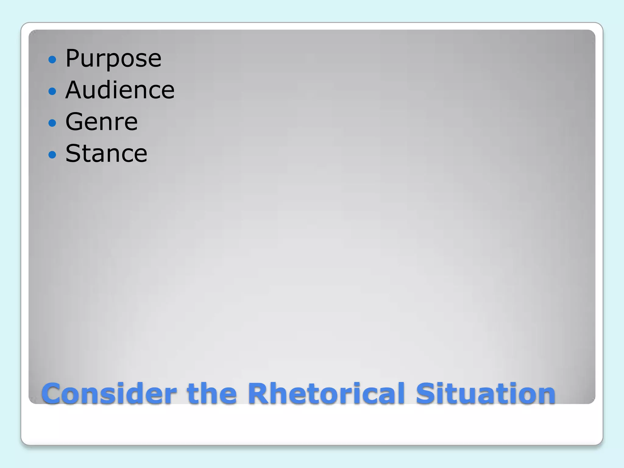 Consider the Rhetorical Situation
Purpose
Audience
Genre
Stance