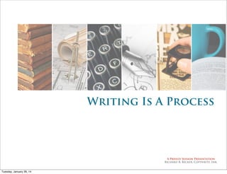 Writing Is A Process

A Private Session Presentation
Richard R. Becker, Copywrite, Ink.

Tuesday, January 28, 14

 