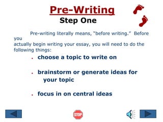 Pre-Writing 
Step One 
Pre-writing literally means, “before writing.” Before 
you 
actually begin writing your essay, you will need to do the 
following things: 
● choose a topic to write on 
● brainstorm or generate ideas for 
your topic 
● focus in on central ideas 
 