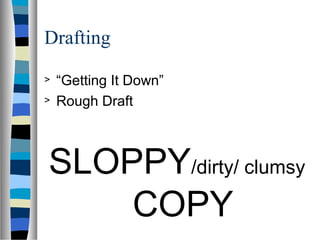 Drafting
> “Getting It Down”
> Rough Draft
SLOPPY/dirty/ clumsy
COPY
 