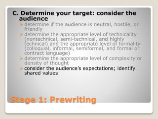 Stage 1: Prewriting
C. Determine your target: consider the
audience
 determine if the audience is neutral, hostile, or
friendly
 determine the appropriate level of technicality
(nontechnical, semi-technical, and highly
technical) and the appropriate level of formality
(colloquial, informal, semiformal, and formal or
contract language)
 determine the appropriate level of complexity or
density of thought
 consider the audience’s expectations; identify
shared values
 