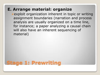 Stage 1: Prewriting
E. Arrange material: organize
exploit organization inherent in topic or writing
assignment boundaries (narration and process
analysis are usually organized on a time line,
for instance; a paper analyzing a causal chain
will also have an inherent sequencing of
material)
 