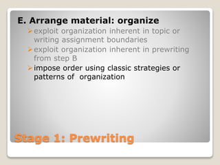 Stage 1: Prewriting
E. Arrange material: organize
exploit organization inherent in topic or
writing assignment boundaries
exploit organization inherent in prewriting
from step B
impose order using classic strategies or
patterns of organization
 
