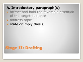 Stage II: Drafting
A. Introductory paragraph(s)
 attract and hold the favorable attention
of the target audience
 address topic
 state or imply thesis
 