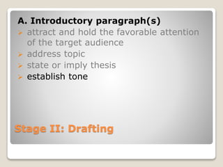 Stage II: Drafting
A. Introductory paragraph(s)
 attract and hold the favorable attention
of the target audience
 address topic
 state or imply thesis
 establish tone
 