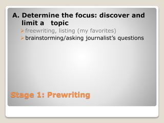 Stage 1: Prewriting
A. Determine the focus: discover and
limit a topic
freewriting, listing (my favorites)
brainstorming/asking journalist’s questions
 