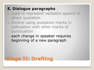 Stage II: Drafting
E. Dialogue paragraphs
 used to represent verbatim speech in
direct quotation
 involve using quotation marks in
collocation with other marks of
punctuation
 each change in speaker requires
beginning of a new paragraph
 