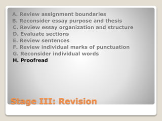 Stage III: Revision
A. Review assignment boundaries
B. Reconsider essay purpose and thesis
C. Review essay organization and structure
D. Evaluate sections
E. Review sentences
F. Review individual marks of punctuation
G. Reconsider individual words
H. Proofread
 