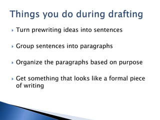  Turn prewriting ideas into sentences
 Group sentences into paragraphs
 Organize the paragraphs based on purpose
 Get ...