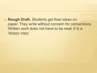  Rough Draft. Students get their ideas on
paper. They write without concern for conventions.
Written work does not have to be neat; it is a
'sloppy copy.‘
 