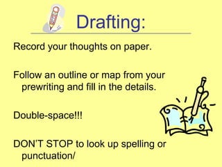 Drafting:
    ____________________________________________________


Record your thoughts on paper.

Follow an outline or map from your
 prewriting and fill in the details.

Double-space!!!

DON’T STOP to look up spelling or
 punctuation/
 