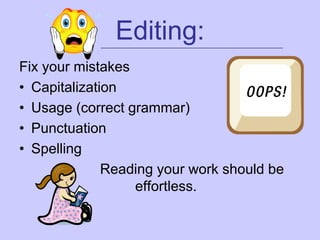 Editing:
            _________________________________________


Fix your mistakes
• Capitalization
• Usage (correct grammar)
• Punctuation
• Spelling
              Reading your work should be
                  effortless.
 