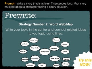 Prewrite:
Strategy Number 2: Word Web/Map
Write your topic in the center and connect related ideas
to you topic using lines.
Try this
NOW!
Prompt: Write a story that is at least 7 sentences long. Your story
must be about a character facing a scary situation.
 