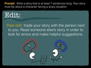 Edit:
Peer-edit: trade your story with the person next
to you. Read someone else’s story in order to
look for errors and make helpful suggestions.
Prompt: Write a story that is at least 7 sentences long. Your story
must be about a character facing a scary situation.
 