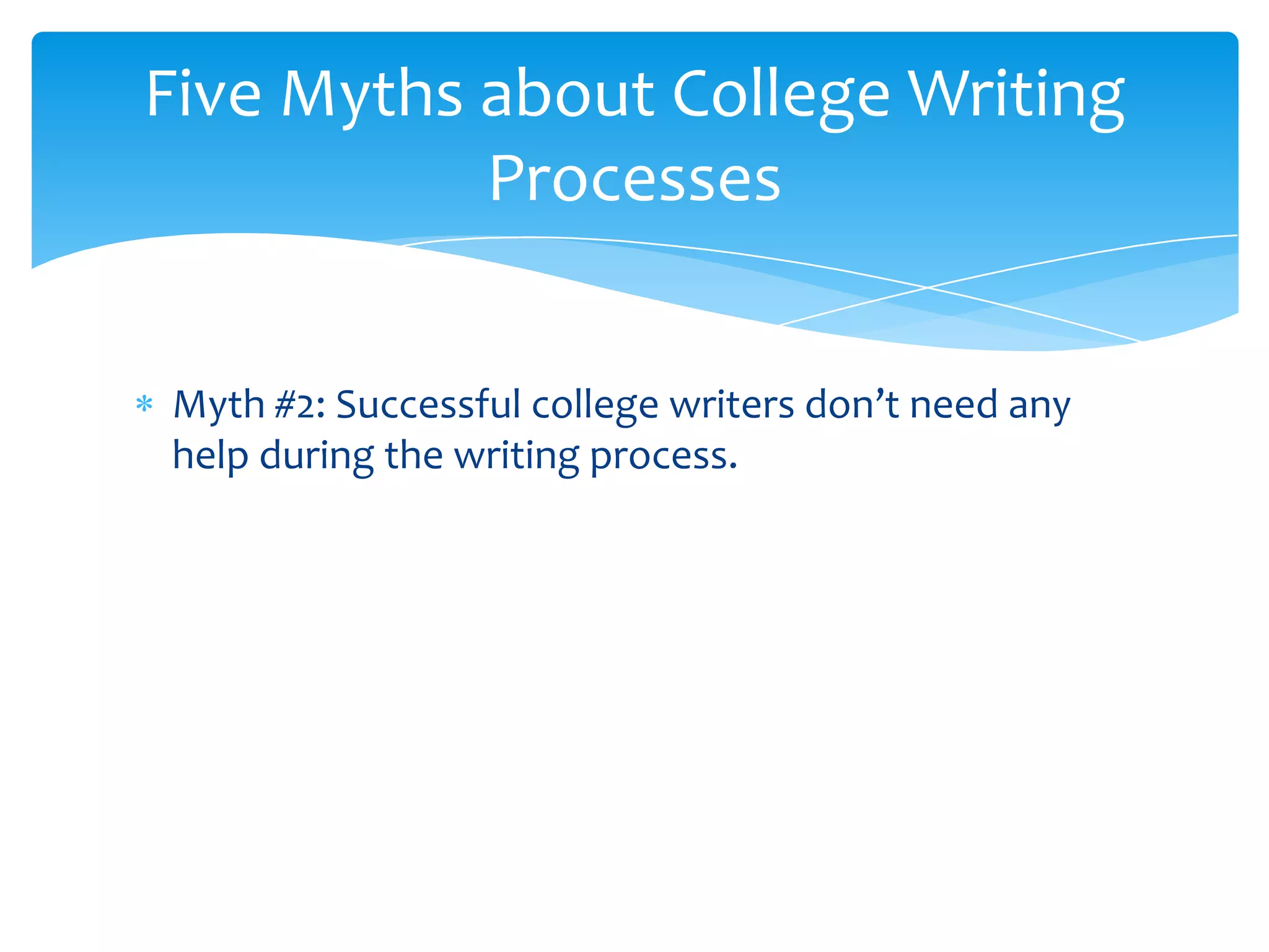 Five Myths about College Writing
           Processes


Myth #2: Successful college writers don’t need any
help during the writing process.
 
