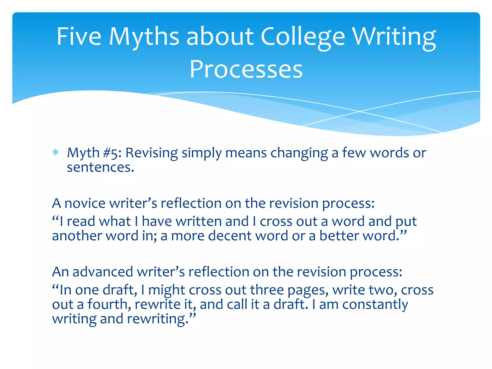 Five Myths about College Writing
           Processes

  Myth #5: Revising simply means changing a few words or
  sentences.

A novice writer’s reflection on the revision process:
“I read what I have written and I cross out a word and put
another word in; a more decent word or a better word.”

An advanced writer’s reflection on the revision process:
“In one draft, I might cross out three pages, write two, cross
out a fourth, rewrite it, and call it a draft. I am constantly
writing and rewriting.”
 