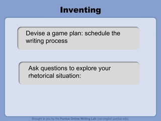 Inventing Devise a game plan: schedule the writing process Ask questions to explore your rhetorical situation: 