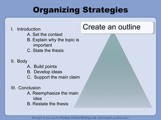 Organizing Strategies I.  Introduction A. Set the context B. Explain why the topic is   important  C. State the thesis II.  Body A.  Build points B.  Develop ideas C.  Support the main claim III.  Conclusion A. Reemphasize the main   idea B. Restate the thesis Create an outline 