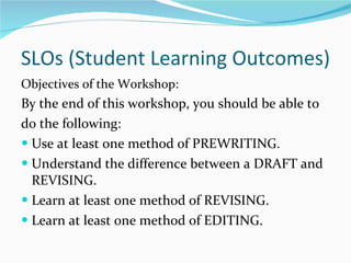SLOs (Student Learning Outcomes) Objectives of the Workshop: By the end of this workshop, you should be able to do the following: Use at least one method of PREWRITING. Understand the difference between a DRAFT and REVISING. Learn at least one method of REVISING. Learn at least one method of EDITING. 