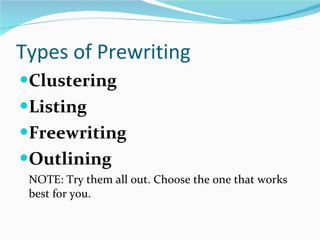Types of Prewriting Clustering Listing Freewriting Outlining NOTE: Try them all out. Choose the one that works best for you. 