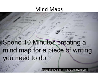 Mind Maps
Spend 10 Minutes creating a
mind map for a piece of writing
you need to do
Image CC BY 2.0 © Eelke http://bit.ly/1XlZ0kI
 