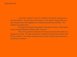 Explanation #5




                 I Love You is about a love of a child for its mother, stating she is
       her best friend. The occasion of the poem is the author stating that love
       was the glue that held together her relationship with her mother. The
       subject was about love.
                 The figure of speech presented in this poem shows a descriptive
       means of describing her mother with “you are.”
                 The tone is positive with love and reassurance by the mother to
       support the child. The title symbolism is reflective of how the author delt
       for her mother. The author expresses love to her mother who she sees a
       more than a mother.
 