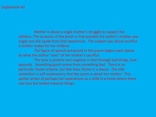 Explanation #2




                    Mother is about a single mother’s struggle to support her
          children. The occasion of the poem is that possibly the author’s mother was
          single and she spoke from that experience. The subject was about sacrifice
          a mother makes for her children.
                    The figure of speech presented in this poem begins each stanza
          by what the author “sees” of her mother’s sacrifice.
                    The tone is positive and negative in that through bad things, love
          abounds. Something good comes from something bad. There is no
          particular rhyme scheme, but few lines rhyme in a stanza. The title
          symbolism is self-explanatory, that the poem is about her mother. This
          author writes of perhaps her experiences as a child in a home where there
          was love but lacked material things.
 